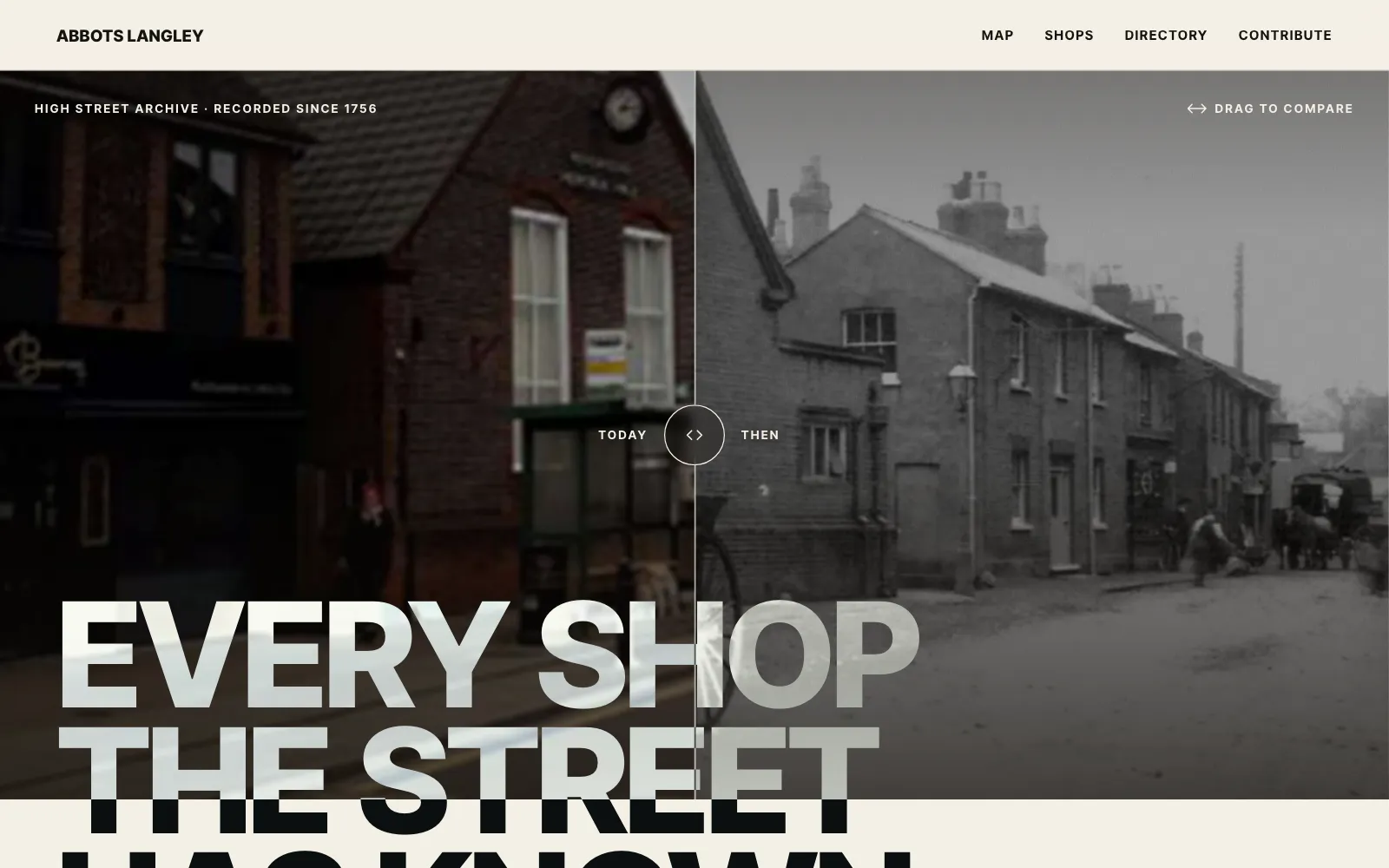 The new front page: a photograph of Henderson Hall today and a century ago, with a handle to compare them, under the headline Every shop the street has known.