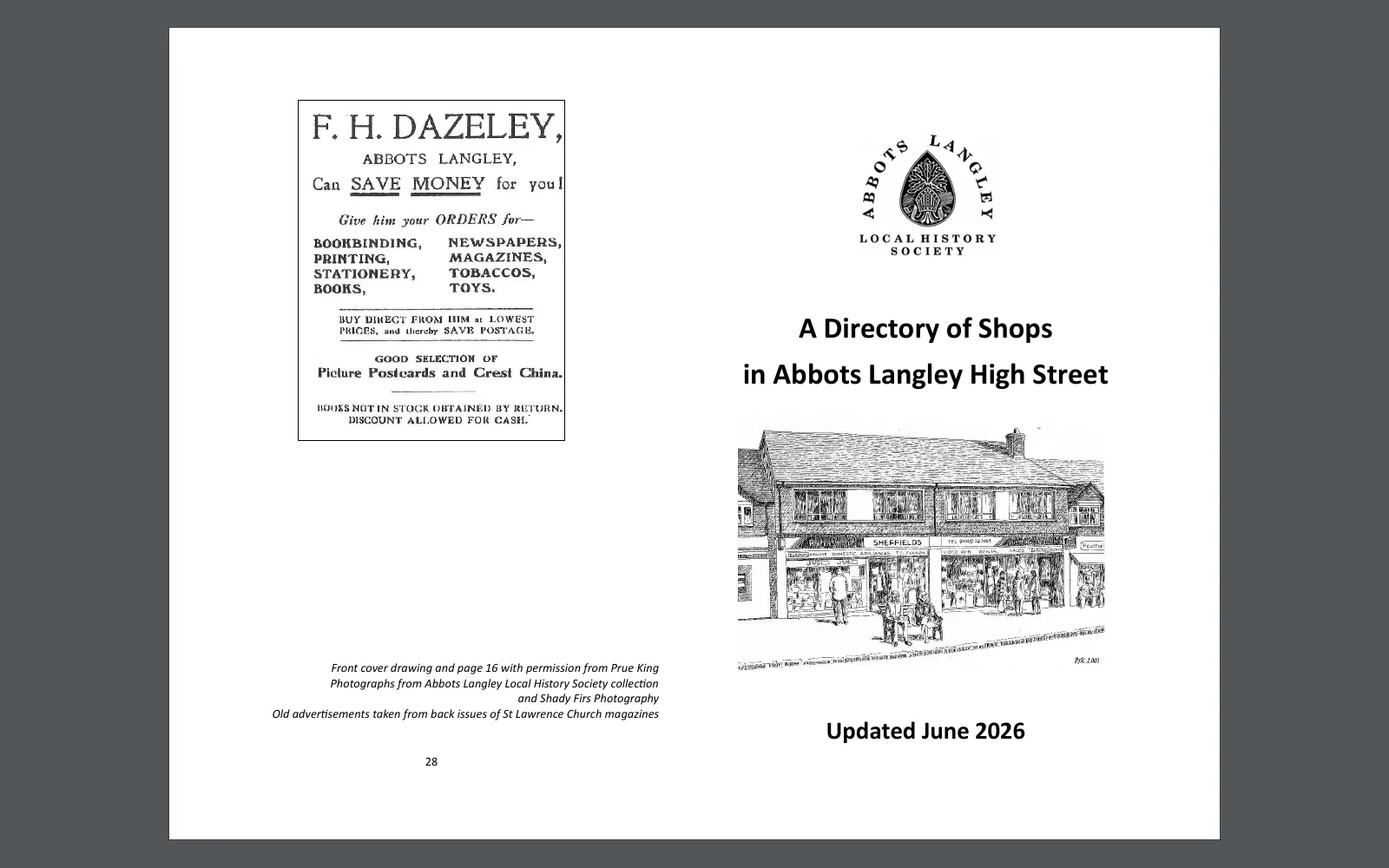 The booklet's first sheet in a PDF viewer: the back cover, page 28, beside the front cover, page 1, with the Society's crest and a drawing of the parade.
