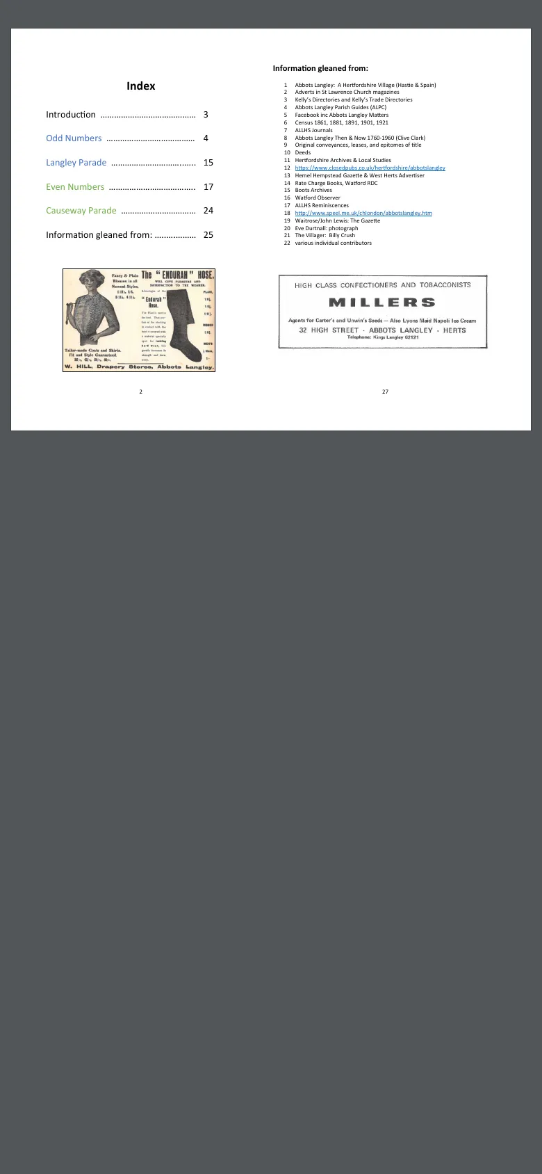 The booklet on a phone: a whole sheet, the index and the list of sources, shrunk to the width of the screen.