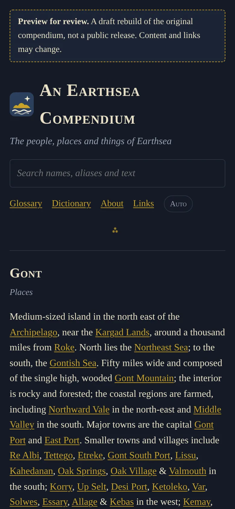 The entry for Gont on a phone in dark mode.