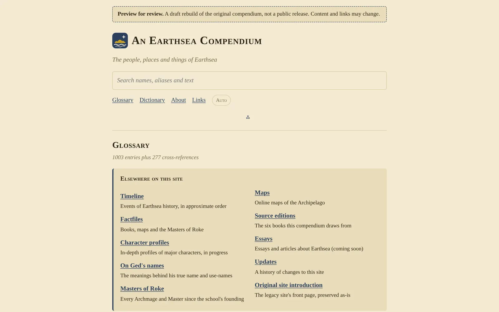 The rebuilt compendium: preview banner, new name and logo, a search box and the site's sections.