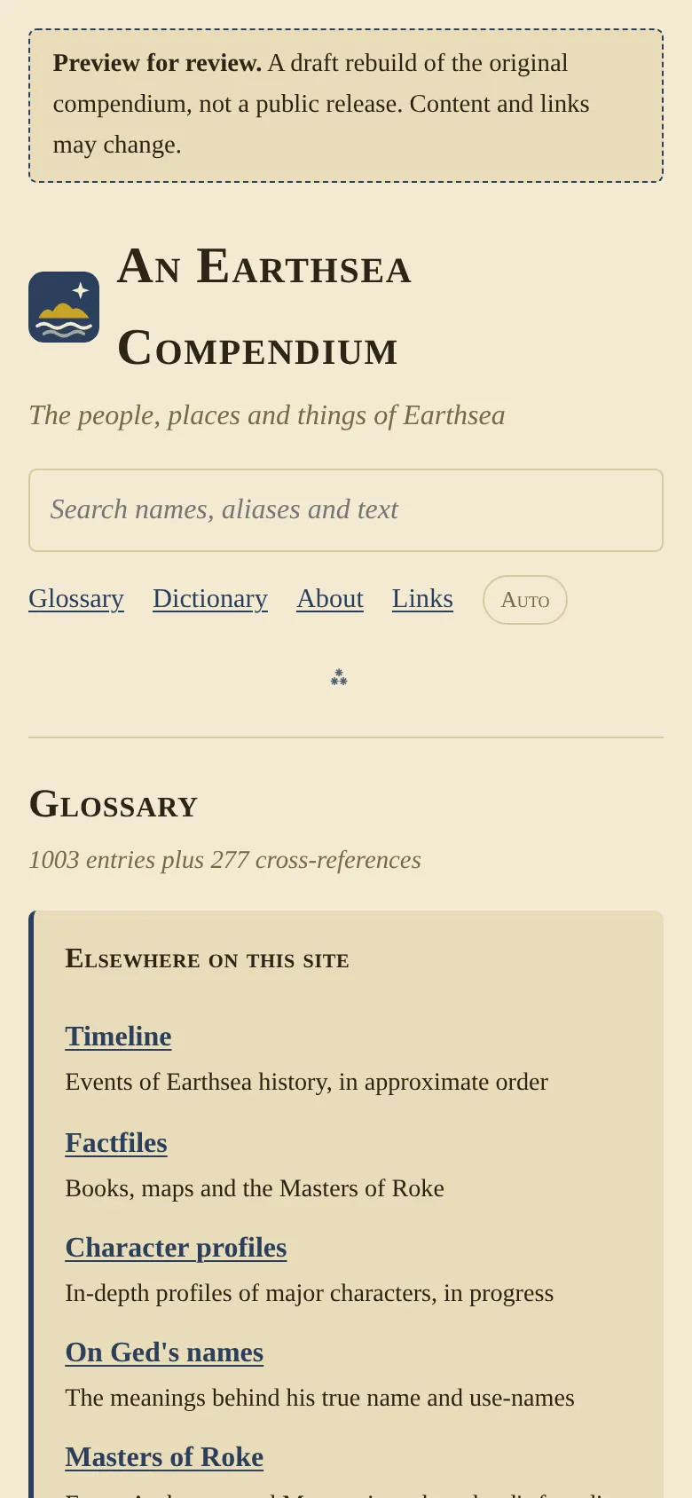 Rebuilt glossary on a phone: everything fits the screen width.