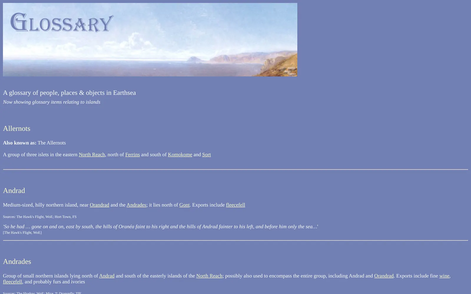 The original glossary page: white Georgia text on flat lavender, a banner image, and links that open pop-up windows.