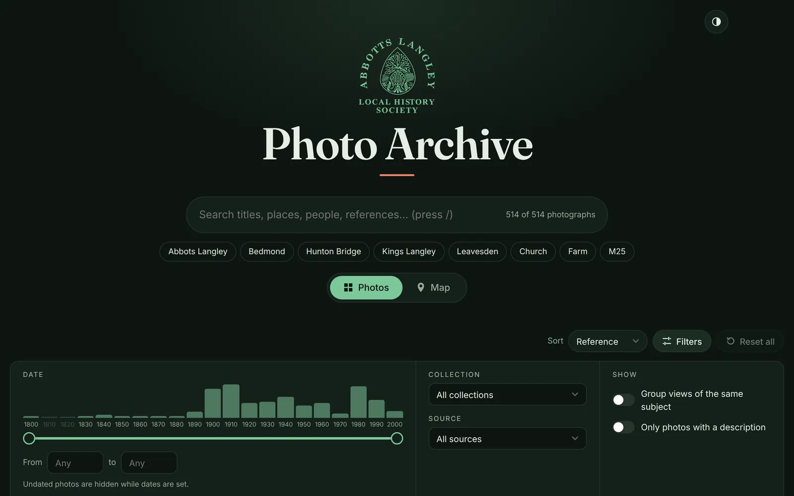 The start page in the dark theme.