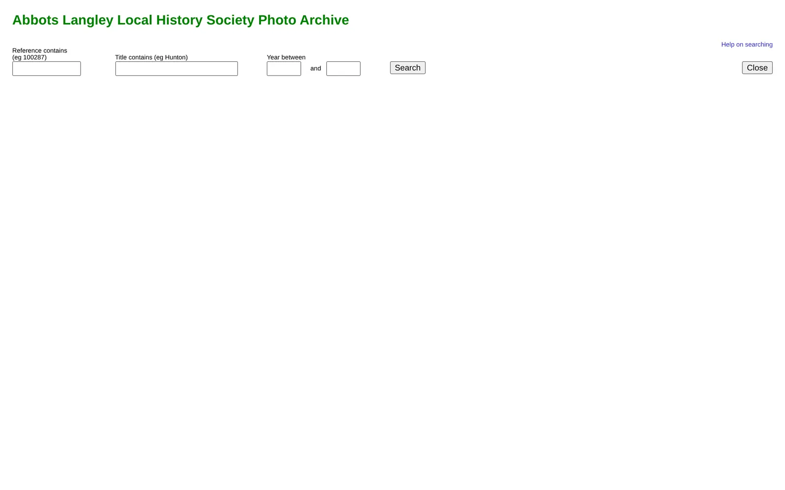 The original start page: a green heading and four small search boxes on a blank white page.
